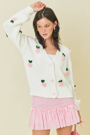 Bouquet of Roses Appliqué Cardigan Sweater