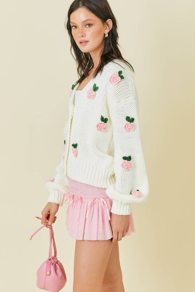 Bouquet of Roses Appliqué Cardigan Sweater