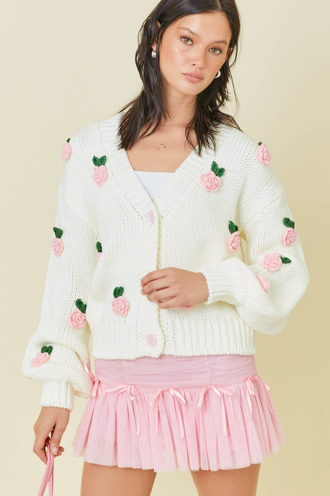 Bouquet of Roses Appliqué Cardigan Sweater